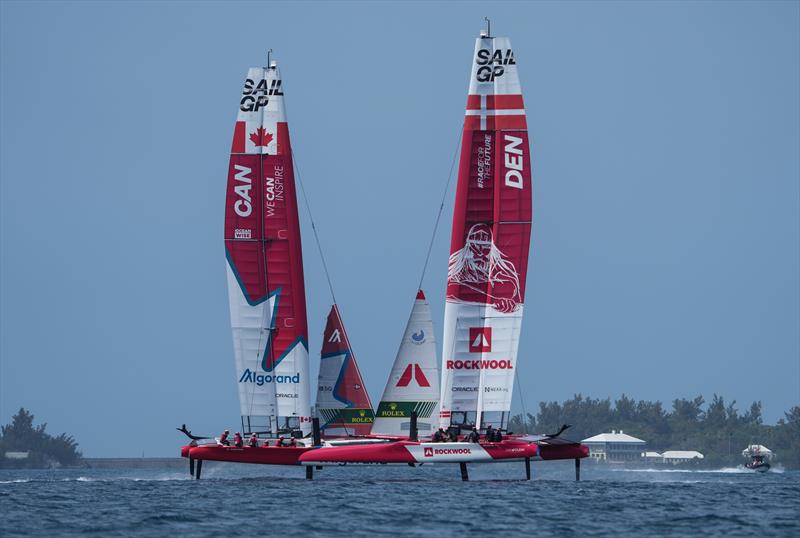 Denmark SailGP team crosses in front of Canada SailGP team during a practice session ahead of Bermuda SailGP, Season 3, May 2202. - photo © Thomas Lovelock/SailGP