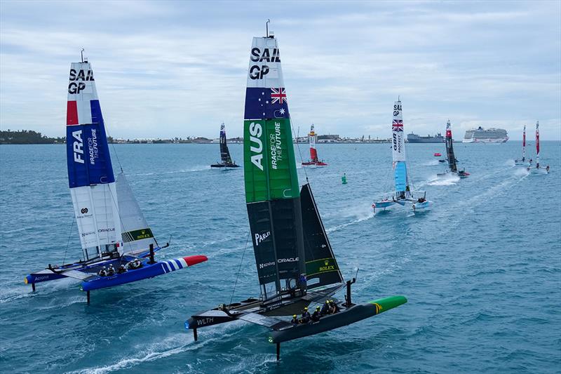 Australia SailGP Team helmed by Tom Slingsby sail closely alongside France SailGP Team helmed by Quentin Delapierre during a practice session ahead of Bermuda SailGP presented by Hamilton Princess, Season 3, in Bermuda - photo © Thomas Lovelock for SailGP