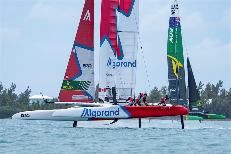 Canada SailGP Team helmed by Phil Robertson and Australia SailGP Team helmed by Tom Slingsby race near spectator boats on Race Day 1 of Bermuda SailGP, Season 3, in Bermuda.  May  photo copyright Thomas Lovelock/ SailGP taken at Royal Bermuda Yacht Club and featuring the F50 class