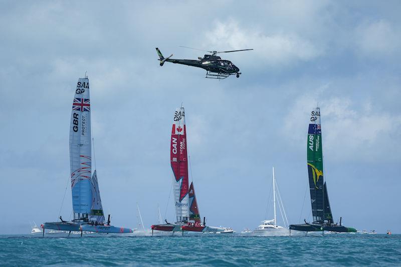 Great Britain SailGP Team helmed by Ben Ainslie, Canada SailGP Team helmed by Phil Robertson and Australia SailGP Team helmed by Tom Slingsby competing in the final match race on Race Day 2 of Bermuda SailGP presented by Hamilton Princess - photo © Bob Martin for SailGP