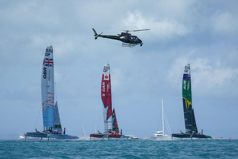 Great Britain SailGP Team helmed by Ben Ainslie, Canada SailGP Team helmed by Phil Robertson and Australia SailGP Team helmed by Tom Slingsby competing in the final match race on Race Day 2 of Bermuda SailGP presented by Hamilton Princess photo copyright Bob Martin for SailGP taken at  and featuring the F50 class