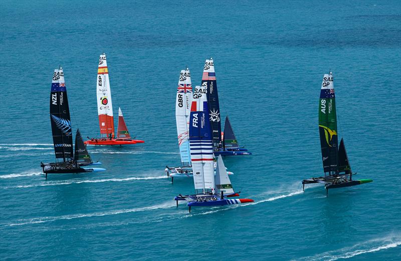 The SailGP F50 catamaran fleet in action on Race Day 2 of Bermuda SailGP presented by Hamilton Princess, Season 3, in Bermuda photo copyright Simon Bruty for SailGP taken at  and featuring the F50 class