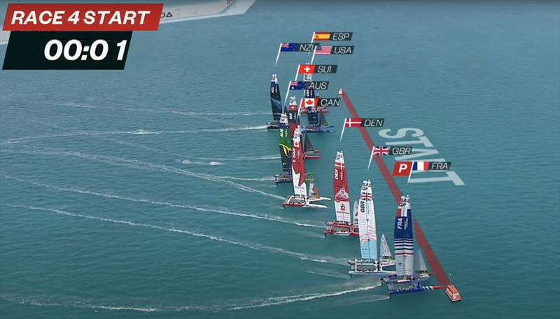 Start of Race 4 - the line is unusually bowed  - NZL was able to accelerate from this position, get in clear air from the bowed line-up, and won. FRA was DSQ'd from this race for her approach at the start - Season 3, SailGP - Bermuda - May 2022 - photo © SailGP