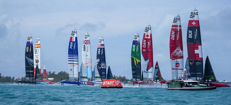 The line up 2 secs after the start of Race 5 on Race Day 2 of Bermuda SailGP - Season 3, in Bermuda photo copyright Bob Martin/SailGP taken at Royal Bermuda Yacht Club and featuring the F50 class