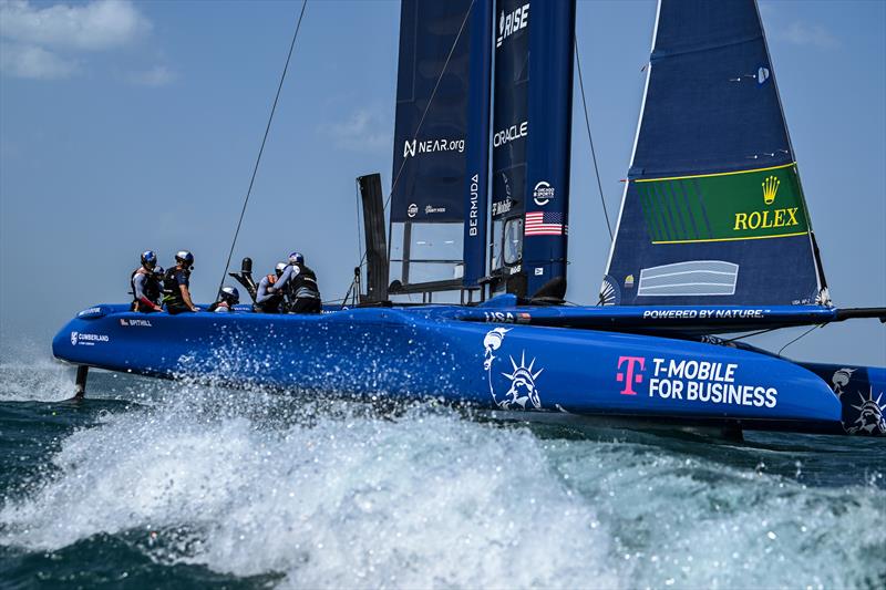 USA SailGP Team helmed by Jimmy Spithill sail past the Chicago skyline ahead of T-Mobile United States Sail Grand Prix photo copyright Ricardo Pinto for SailGP taken at  and featuring the F50 class