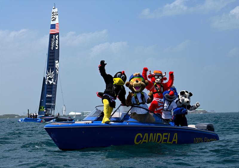 USA SailGP Team helmed by Jimmy Spithill sail past the Chicago skyline ahead of T-Mobile United States Sail Grand Prix photo copyright Ricardo Pinto for SailGP taken at  and featuring the F50 class