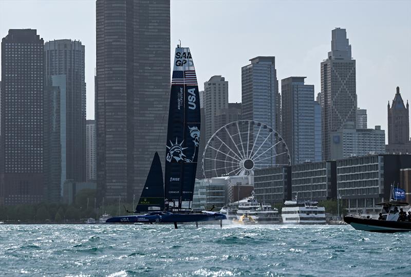 USA SailGP Team helmed by Jimmy Spithill sail past the Chicago skyline ahead of T-Mobile United States Sail Grand Prix photo copyright Ricardo Pinto for SailGP taken at  and featuring the F50 class