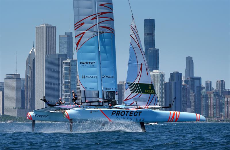 Great Britain SailGP Team helmed by Ben Ainslie sails past the city skyline during a practice session ahead of T-Mobile United States Sail Grand Prix | Chicago at Navy Pier, Season 3, in Chicago, Illinois, USA. 16th June 2022 - photo © Bob Martin for SailGP