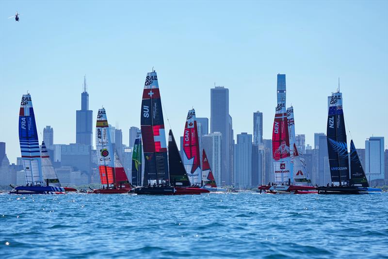 The SailGP F50 fleets sails past the Chicago skyline ahead of T-Mobile United States Sail Grand Prix photo copyright Bob Martin/SailGP taken at Chicago Yacht Club and featuring the F50 class