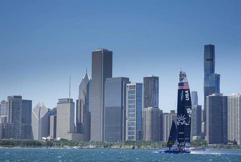 USA SailGP Team helmed by Jimmy Spithill F50 catamaran out on the water with the Chicago skyline in the background, ahead of T-Mobile United States Sail Grand Prix Season 3, in Chicago, Illinois, USA. 17th June. - photo © Chloe Knott for SailGP