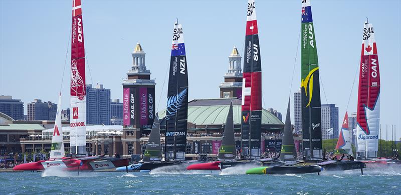 The fleet sail past spectators at Navy Pier on Race Day 1 of the T-Mobile United States Sail Grand Prix | Chicago at Navy Pier, Season 3 photo copyright Bob Martin for SailGP taken at  and featuring the F50 class