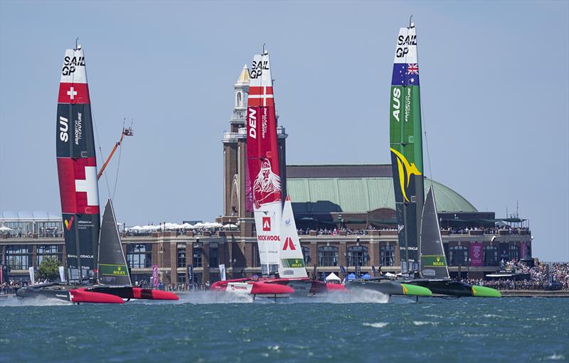 Switzerland SailGP Team helmed by Sebastien Schneiter, Denmark SailGP Team helmed by Nicolai Sehested and Australia SailGP Team helmed by Tom Slingsby in action on Race Day 1 of the T-Mobile United States Sail Grand Prix | Chicago at Navy Pier, Season 3 photo copyright Bob Martin for SailGP taken at  and featuring the F50 class