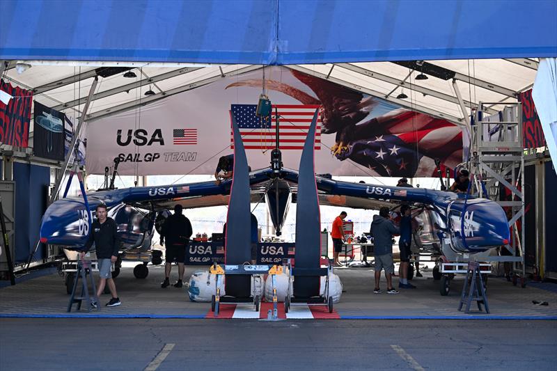 The USA SailGP Team F50 catamaran is de-rigged at the Technical Base after Race Day 1 of the T-Mobile United States Sail Grand Prix | Chicago at Navy Pier, Lake Michigan, Season 3 - photo © Ricardo Pinto for SailGP