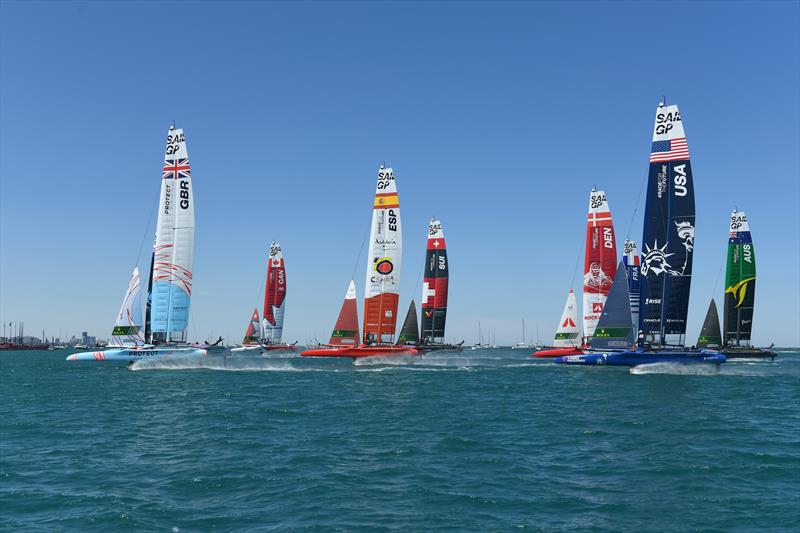 Canada in their preferred starting position on the Committee Boat end of the start line on Race Day 1 of the T-Mobile United States Sail Grand Prix photo copyright Ricardo Pinto/SailGP taken at Chicago Yacht Club and featuring the F50 class