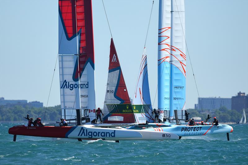 Canada SailGP Team helmed by Phil Robertson and Great Britain SailGP Team helmed by Ben Ainslie in action on Race Day 1 of the T-Mobile United States Sail Grand Prix | Chicago at Navy Pier, Lake Michigan, Season 3 - June 2022 - photo © Ricardo Pinto/SailGP