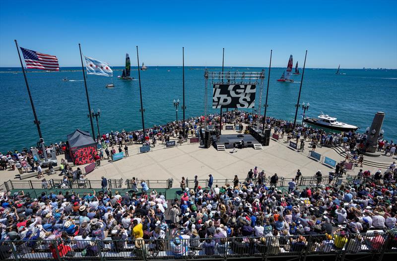 Spectators gather on the Navy Pier as the SailGP F50 catamaran fleet prepare for racing on Race Day 1 of the T-Mobile United States Sail Grand Prix | Chicago at Navy Pier photo copyright Adam Warner for SailGP taken at  and featuring the F50 class