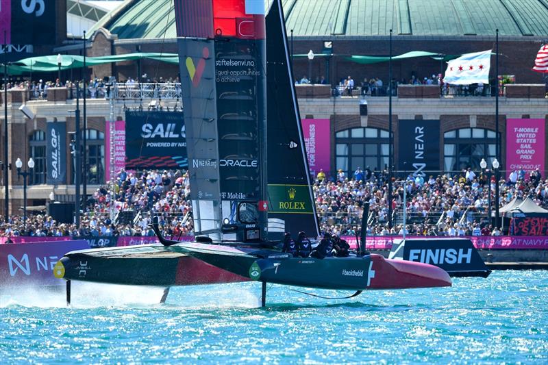 The Switzerland SailGP Team, helmed by Sébastien Schneiter, sail past spectators at Navy Pier on Race Day 1 of the T-Mobile United States Sail Grand Prix | Chicago at Navy Pier - photo © SailGP