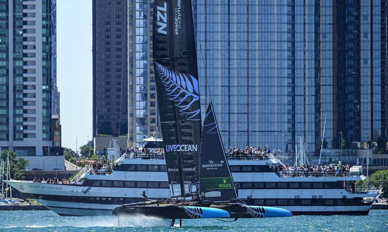 New Zealand SailGP Team co-helmed by Peter Burling and Blair Tuke on Race Day 1 of the T-Mobile United States Sail Grand Prix, June 2022 photo copyright Ricardo Pinto/SailGP taken at Chicago Yacht Club and featuring the F50 class