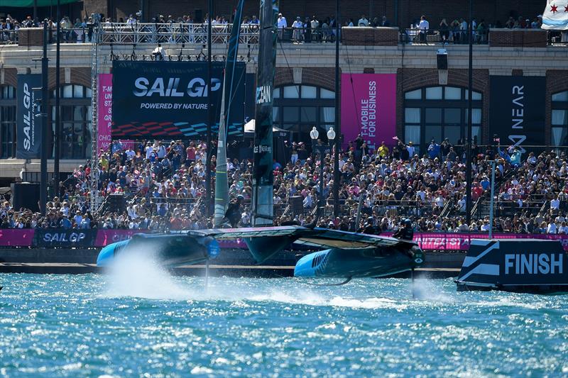 New Zealand SailGP Team co-helmed by Peter Burling and Blair Tuke crosses the finish line on Race Day 1 of the T-Mobile United States Sail Grand Prix, June 2022 - photo © Ricardo Pinto/SailGP