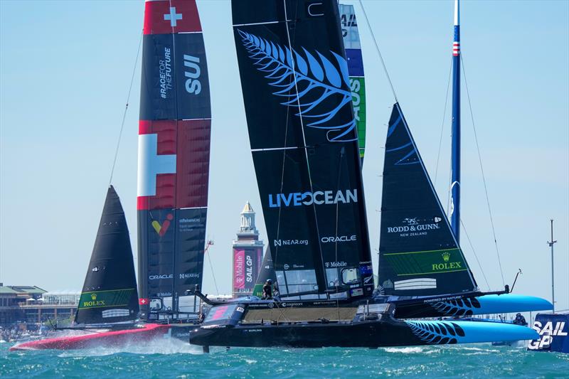 New Zealand SailGP Team co-helmed by Peter Burling and Blair Tuke in action on Race Day 1 of the T-Mobile United States Sail Grand Prix, June 2022 photo copyright Bob Martin/SailGP taken at Chicago Yacht Club and featuring the F50 class