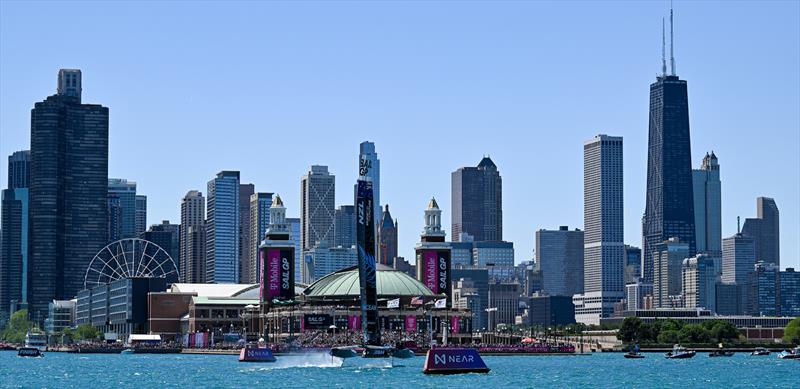 New Zealand SailGP Team co-helmed by Peter Burling and Blair Tuke and the fleet in action on Race Day 1 of the T-Mobile United States Sail Grand Prix, June 2022 photo copyright Ricardo Pinto/SailGP taken at Chicago Yacht Club and featuring the F50 class