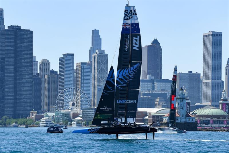 New Zealand SailGP Team co-helmed by Peter Burling and Blair Tuke and the fleet in action on Race Day 1 of the T-Mobile United States Sail Grand Prix, June 2022 - photo © Ricardo Pinto/SailGP
