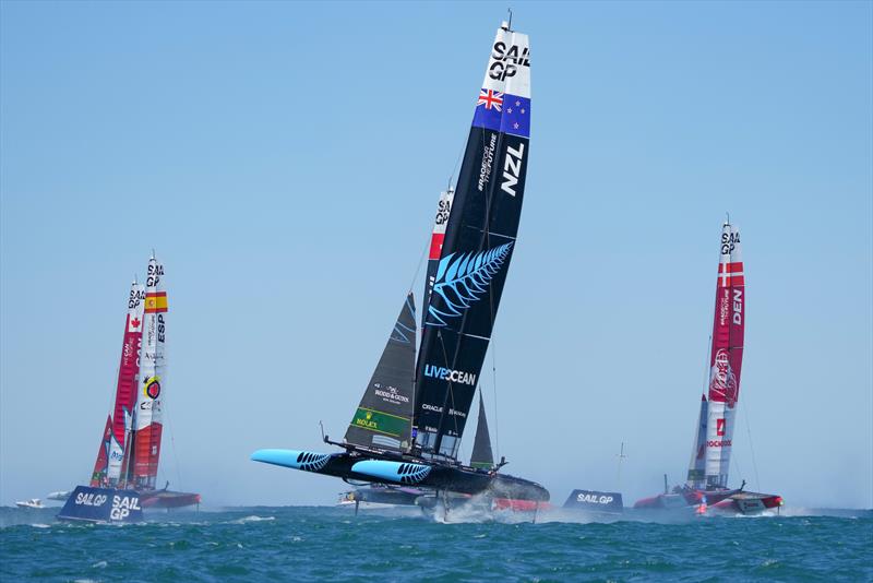New Zealand SailGP Team co-helmed by Peter Burling and Blair Tuke and the fleet in action on Race Day 1 of the T-Mobile United States Sail Grand Prix, June 2022 - photo © Bob Martin for SailGP
