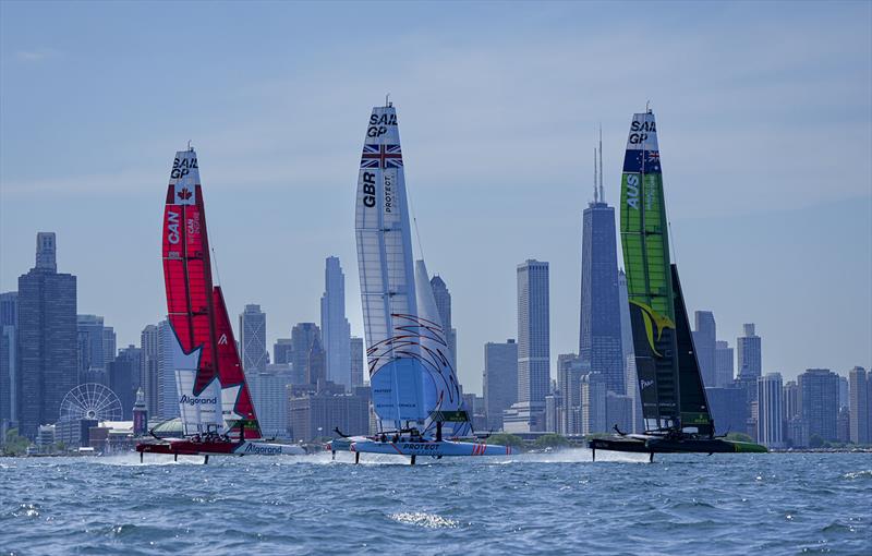 Canada SailGP Team, Great Britain SailGP Team, and Australia SailGP Team sail past the Chicago skyline and Navy Pier on Race Day 2 of the T-Mobile United States Sail Grand Prix | Chicago at Navy Pier, Season 3, in Chicago, Illinois, USA. 19th June 2022 photo copyright Bob Martin for SailGP taken at Chicago Yacht Club and featuring the F50 class