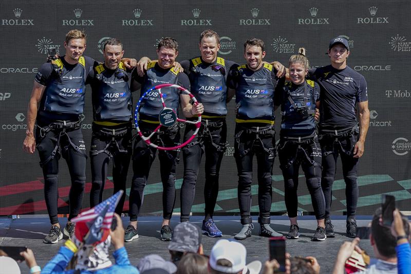 Tom Slingsby, CEO and driver of Australia SailGP Team, and his crew celebrate with the trophy after winning the T-Mobile United States Sail Grand Prix | Chicago at Navy Pier, Season 3, in Chicago, Illinois, USA. 19th June 2022. - photo © Bob Martin for SailGP
