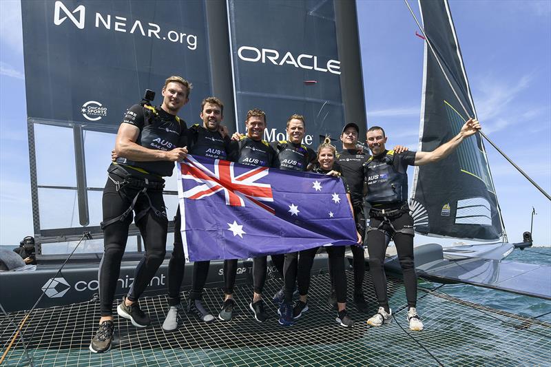 Australia SailGP Team celebrate on board after winning. Race Day 2 of the T-Mobile United States Sail Grand Prix | Chicago at Navy Pier, Lake Michigan, Season 3, in Chicago, Illinois, USA. 19th June 2022 - photo © Ricardo Pinto for SailGP