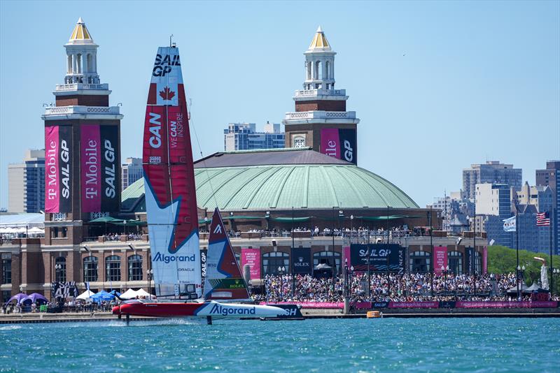 Canada SailGP Team helmed by Phil Robertson sail past spectators on Navy Pier on Race Day 1 of the T-Mobile United States Sail Grand Prix | Chicago at Navy Pier photo copyright Bob Martin for SailGP taken at  and featuring the F50 class