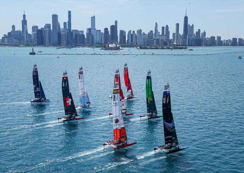 The SailGP F50 catamaran fleet sail towards the Chicago skyline and Navy Pier on Race Day 2  - T-Mobile United States Sail Grand Prix, Chicago at Navy Pier, Lake Michigan, Season 3 photo copyright Simon Bruty/SailGP taken at Chicago Sailing and featuring the F50 class