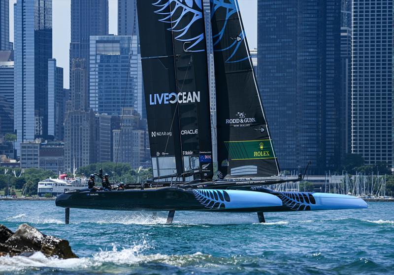New Zealand SailGP Team sail past the Chicago skyline on Race Day 2 of the T-Mobile United States Sail Grand Prix, Chicago at Navy Pier, Lake Michigan, Season 3 photo copyright Jon Buckle/SailGP taken at Chicago Sailing and featuring the F50 class