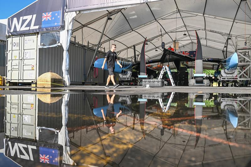 New Zealand SailGP team F50 catamaran inside the hangar in the technical area ahead of T-Mobile United States Sail Grand Prix, Chicago at Navy Pier, Lake Michigan, Season 3 - photo © Ricardo Pinto/SailGP