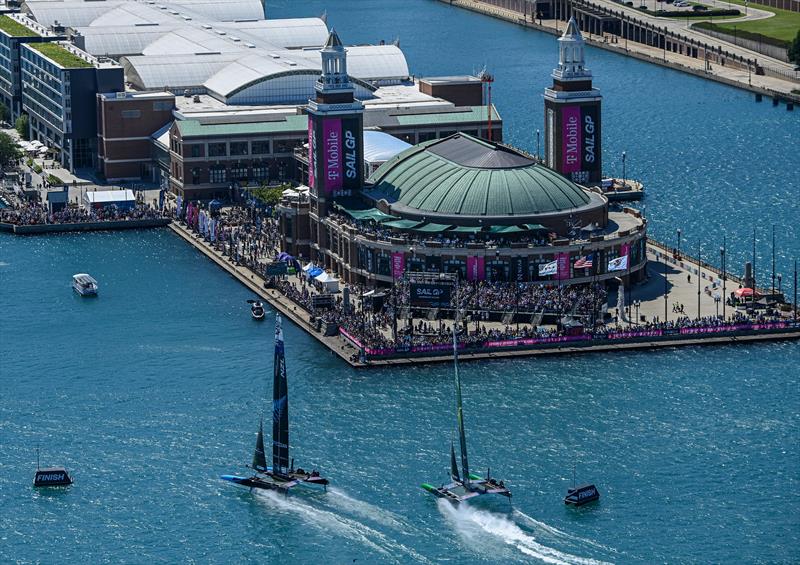 New Zealand SailGP Team and Australia SailGP Team sail towards the Navy Pier on Race Day 1 - T-Mobile United States Sail Grand Prix, Chicago at Navy Pier, Lake Michigan, Season 3 photo copyright Jon Buckle/SailGP taken at Chicago Yacht Club and featuring the F50 class