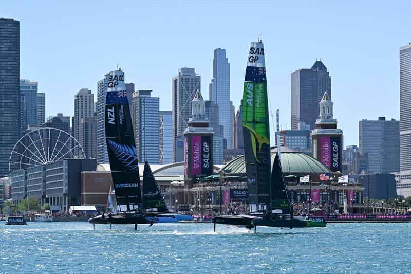 New Zealand SailGP Team and Australia SailGP Team on Race Day 1 of the T-Mobile United States Sail Grand Prix | Chicago at Navy Pier, Lake Michigan, Season 3, in Chicago, Illinois, USA. 18th June  photo copyright Ricardo Pinto/SailGP taken at Chicago Yacht Club and featuring the F50 class