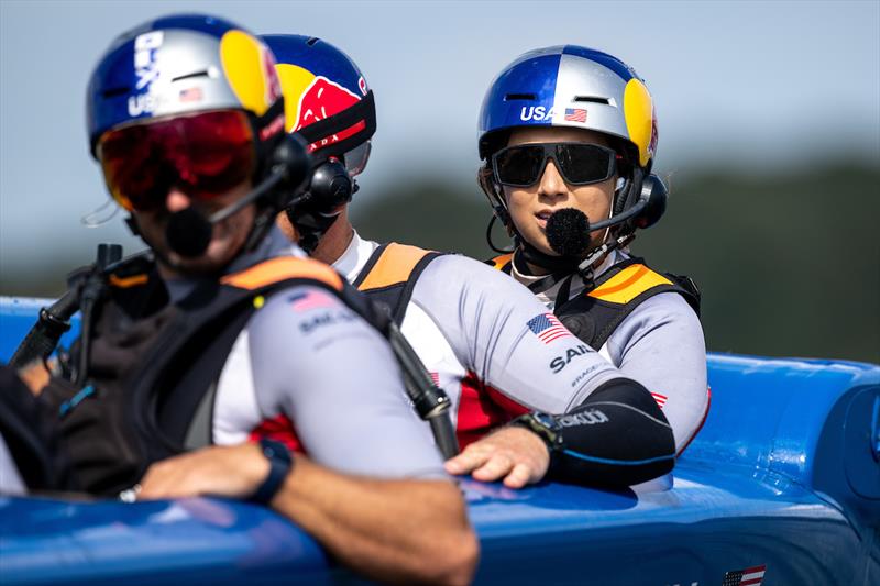 CJ Perez of USA SailGP Team looks on as she sits behind Jimmy Spithill, CEO & driver of USA SailGP Team, during a practice session ahead of the Great Britain Sail Grand Prix | Plymouth - photo © Ricardo Pinto for SailGP