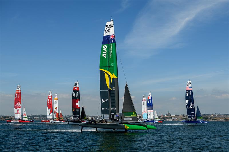 The F50 catamaran Fleet in action during a practise session ahead of the Great Britain Sail Grand Prix | Plymouth in Plymouth, England - photo © Ricardo Pinto for SailGP