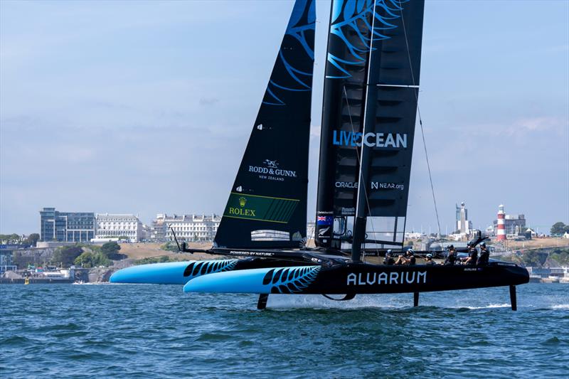 New Zealand SailGP Team co-helmed by Peter Burling and Blair Tuke in actionduring a practice session ahead of the Great Britain Sail Grand Prix | Plymouth in Plymouth, England. 29th July 2022 - photo © Ian Roman/SailGP