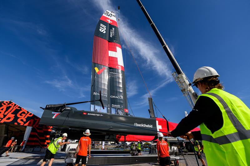 Switzerland SailGP Team F50 catamaran being craned into the the Technical Base after a practice session ahead of the Great Britain Sail Grand Prix | Plymouth in Plymouth, England. 29th July 2022 - photo © Ricardo Pinto/SailGP