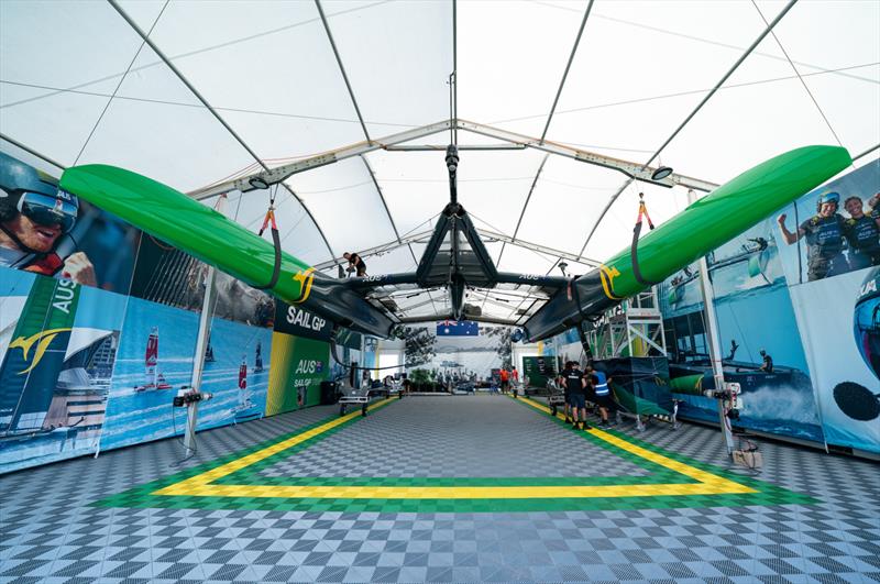 The Australia SailGP Team F50 catamaran is de-rigged at the Technical Base after a practice session ahead of the Great Britain Sail Grand Prix | Plymouth in Plymouth, England. 29th July 2022 - photo © Jon Super/SailGP