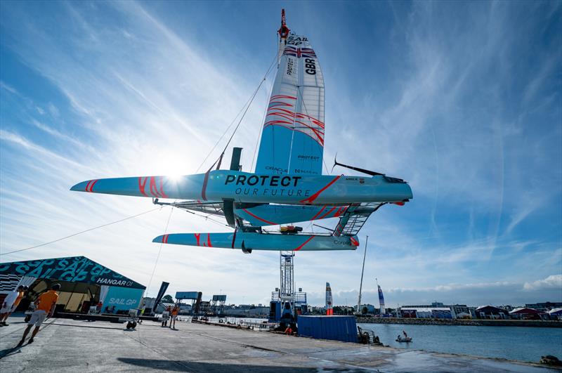 The Great Britain SailGP Team helmed by Ben Ainslie F50 catamaran is craned out of the water at the Technical Base after a practice session ahead of the Great Britain Sail Grand Prix | Plymouth in Plymouth, England. 29th July 2022 - photo © Jon Super/SailGP