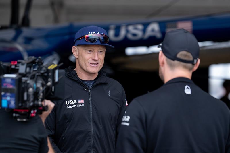 Jimmy Spithill, CEO & driver of USA SailGP Team, is interviewed at the Technical Base on Race Day 1 of the Great Britain Sail Grand Prix | Plymouth - photo © Ricardo Pinto for SailGP