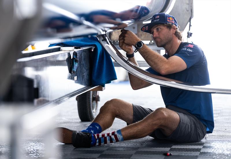 Hans Henken, flight controller of USA SailGP Team, helps prepare the USA SailGP Team F50 catamaran prior to racing on Race Day 1 of the Great Britain Sail Grand Prix | Plymouth - photo © Ricardo Pinto for SailGP