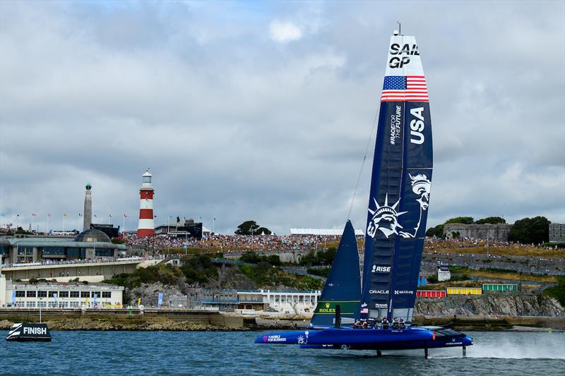 USA SailGP Team helmed by Jimmy Spithill in action on Race Day 1 of the Great Britain Sail Grand Prix | Plymouth photo copyright Ricardo Pinto for SailGP taken at  and featuring the F50 class