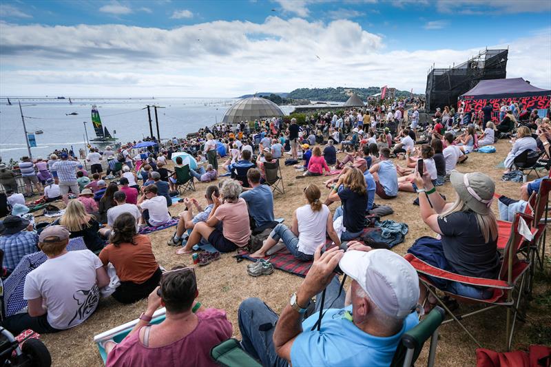 Fans watch the racing action from the Fan Village in Hoe Park on Race Day 1 of the Great Britain Sail Grand Prix | Plymouth - photo © Ian Roman for SailGP