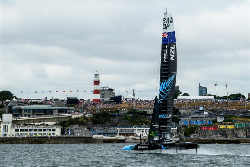 New Zealand SailGP Team in action on Race Day 1 of the Great Britain Sail Grand Prix | Plymouth in Plymouth, England. 30th July, 2022 photo copyright Ricardo Pinto/SailGP taken at Royal Plymouth Corinthian Yacht Club and featuring the F50 class