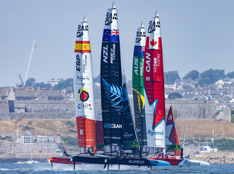 Spain SailGP, Team New Zealand SailGP Team, Australia SailGP Team helmed  and Canada SailGP Team  during a practice session ahead of the Great Britain Sail Grand Prix | Plymouth in Plymouth, England. 29th July 2022 - photo © Felix Diemer/SailGP