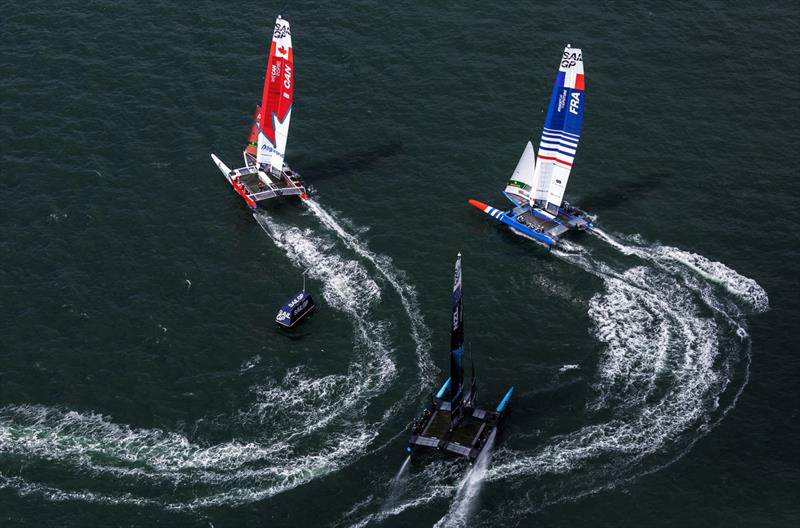 Canada SailGP Team, France SailGP Team and New Zealand SailGP Team in action on Race Day 1 of the Great Britain Sail Grand Prix | Plymouth in Plymouth, England. 30th July 2022 - photo © Ricardo Pinto/SailGP