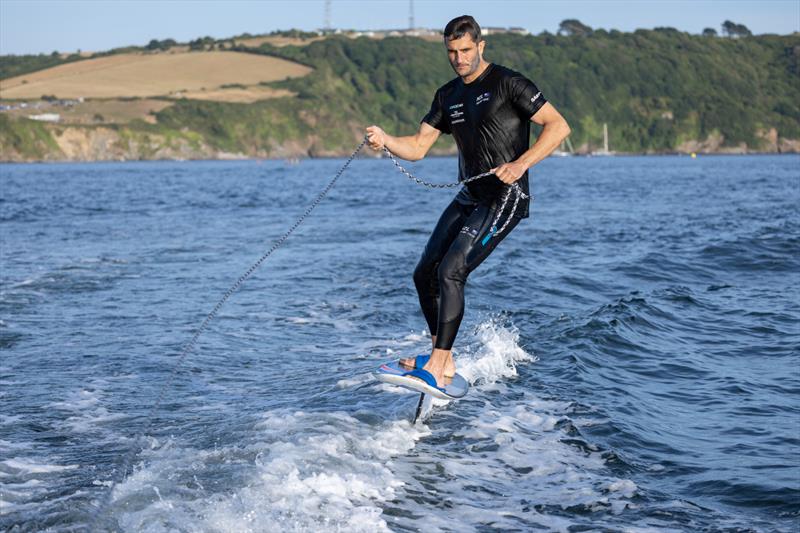 Blair Tuke, Co-CEO and wing trimmer of New Zealand SailGP Team tries out wakeboarding with young sailors in the SailGP Inspire program, following a practice session ahead of the Great Britain Sail Grand Prix | Plymouth in Plymouth, England. 29th July  photo copyright Felix Diemer/SailGP taken at Royal Plymouth Corinthian Yacht Club and featuring the F50 class